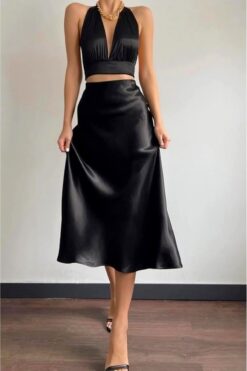 Kahra Collection Siyah Midi Boy Saten Etek Beli Lastikli Midi Etek