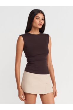 Dilvin 21054 Büzgülü Basic T-Shirt-Koyu Kahve