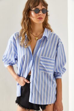 Bianco Lucci Kadın V Yaka Oversize Çizgili Gömlek 4458 60251331