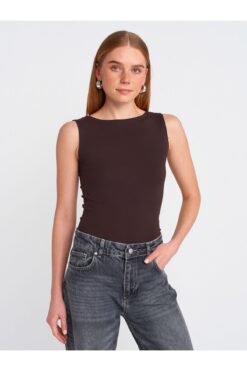 Dilvin 20868 Kayık Yaka Kolsuz Top-Koyu Kahve
