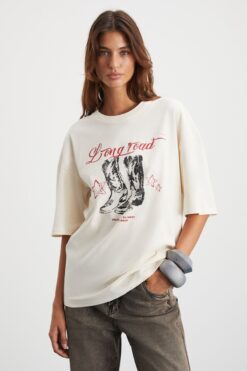 GRIMELANGE Majer Kadın %100 Organik Pamuklu Western Tema Baskılı Regular Fit Krem T-shirt