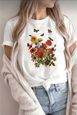 TekTarzz Unısex Pamuklu Flowers Baskılı Tasarım Tshirt
