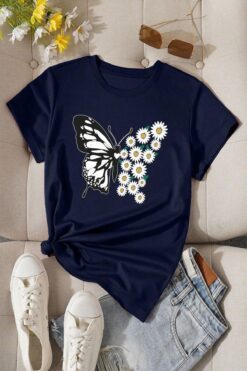 uyguntarz Pamuklu Papatya Kelebek Tasarım Tshirt