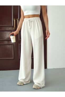 alanora Kadın Yüksek Bel Wide Leg Beli Lastikli Keten Pantolon