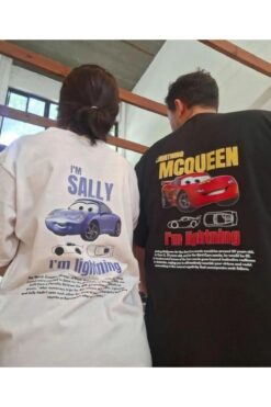 FULL TOLERANCE Unisex Siyah Beyaz I'm Sally Ve Şimşek Mcqueen Cars Baskılı Çift Sevgili Kombini Kısa Kol T-shirt