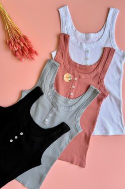 Elosia Düğme Detaylı, 4'lü Pamuklu, Mavi, Gül K, Siyah ve Beyaz Kalın Askılı Kadın T-shirt Atlet 64E63