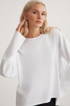 GRIMELANGE Basıl Kadın %100 Pamuk Bisiklet Yaka Oversize Fit Uzun Kollu Beyaz T-shirt