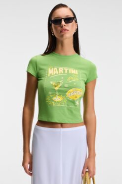 GRIMELANGE TESSIRA Kadın %100 Pamuk Bisiklet Yaka Baskılı Slim Fit Yeşil T-Shirt