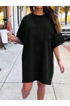 Revasser Kadın Düz Renkli Uzun Basic Elbise Oversize T-Shirt