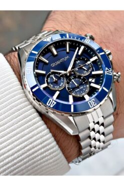 Quantum Fonksiyonlu Gümüş-Lacivert Renk Su Geçirmez Çelik Kordon Çelik Kasa Erkek Kol Saati 1187.390