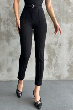 macharel jeans Kadın Siyah Yüksek Bel Toparlayıcı Dar Paça Tokalı Kumaş Pantolon