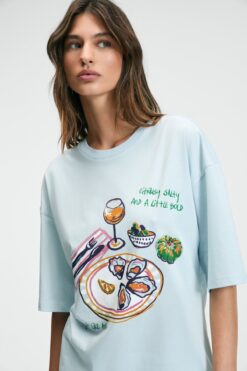 GRIMELANGE NITZA Kadın %100 Pamuk Oversize Bisiklet Yaka Mavi T-Shirt