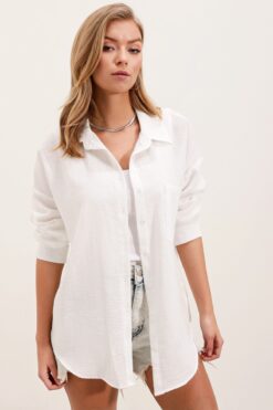 Bigdart Kadın Tek Cepli Beyaz Oversize Keten Gömlek