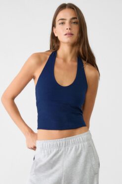VODENS Kadın Lacivert Halter Yaka Crop Top Body