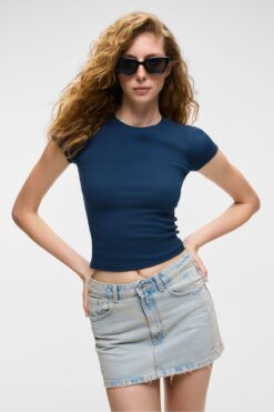 GRIMELANGE HOPEWELL Kadın Yuvarlak Yaka Örme Slim Fit Lacivert T-Shirt