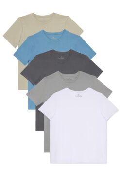 Tudors Unisex 5'li Paket Beyaz-Gri-Füme-Mavi-Taş Slim Fit Dar Kesim %100 Pamuk Bisiklet Yaka Tişört