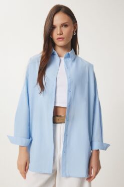 Happiness İstanbul Kadın Gök Mavi Oversize Uzun Basic Gömlek DD00842