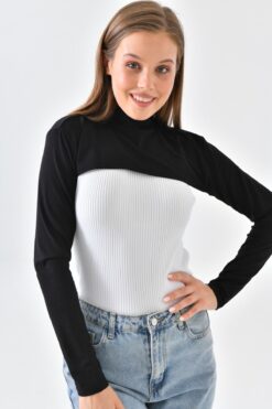 mirach Siyah Dik Yaka Boyunluklu Kolluk Penye Pamuk Bolero Crop Yarım Balıkçı Boyun Uzun Kol