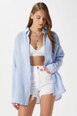 Ritnice Kadın Tilda %100 Pamuk Müslin Oversize Mavi Gömlek