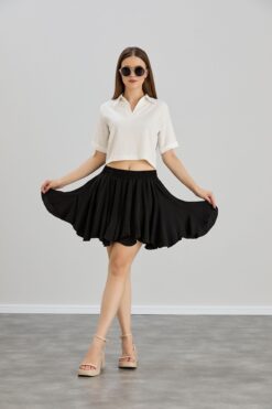 Space Fashion Siyah Beli Lastikli Mini Etek