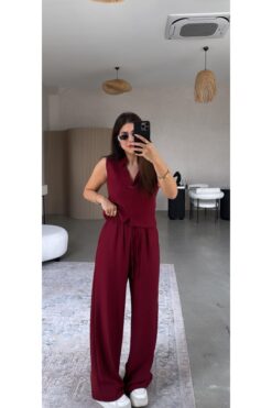 mor butik MOR BUTİK KADIN BORDO YELEKLİ TAKIM