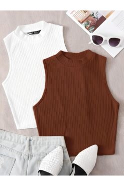 ÖZ PAMUK Kadın 2 lİ Adet Fitilli %100 PAMUKLU Örme Kaşkorse Crop Bluz ATlet
