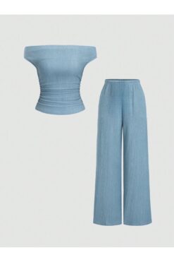 meren like your style Bebe Mavisi Yan Büzgülü Düşük Omuz Bol Pantolon Alt Üst Takım