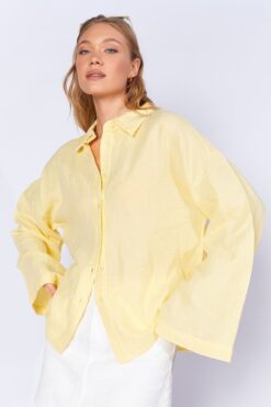 EDITION WOMAN Limon Sarı Kolları Salaş Yıkamalı Müslin Oversize Rahat Kalıp Kadın Basic Gömlek| Mks166881-01-6881