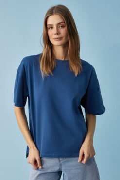 GRIMELANGE Jemmy Kadın %100 Organik Pamuk Relaxed Fit Yırtmaçlı Yuvarlak Yakalı Lacivert T-Shirt