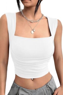World Fashion Trends Kare Yaka Büzgü Detaylı Esnek Ekru Crop Bluz