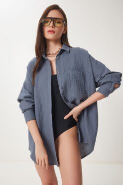 Lovelyİstanbul Oversize Basic Müslin Gömlek ANTRASİT LMX0002