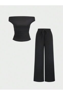 meren like your style siyah yan büzgülü düşük omuz bol pantolon alt üst takım