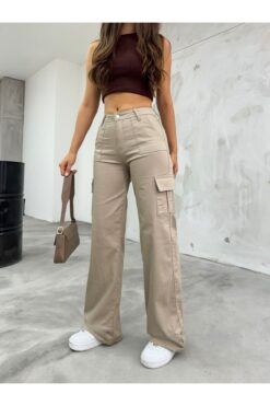 BİKELİFE Bej Kargo Cepli Likralı Yüksek Bel Wide Leg Pantolon