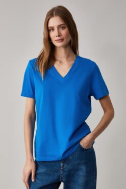 GRIMELANGE ALINE Kadın %100 organik Pamuk Derin V Yakalı Comfort Fit Parlament Mavi T-Shirt
