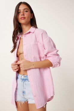 Lovelyİstanbul Oversize Basic Müslin Gömlek ŞEKER PEMBE LMX0002