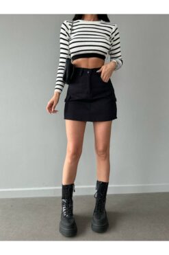LB Laluna Butik Kadın Siyah Kargo Cepli Mini Şortlu Etek
