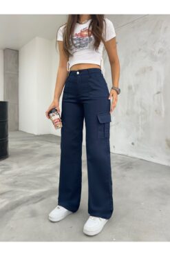 BİKELİFE Lacivert Kargo Cepli Likralı Yüksek Bel Wide Leg Pantolon