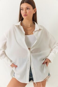 Bianco Lucci Kadın Düşük Omuz Oversize Basic Bürümcük Gömlek 60392 60271069
