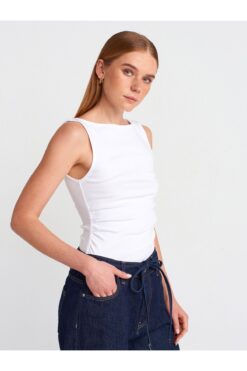 Dilvin 31589 Büzgülü Kayık Yaka Top-beyaz