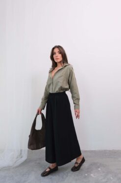 Hatun Atila Beli Lastikli Geniş Kesim Kloş Double Krep Pantolon Etek - Siyah