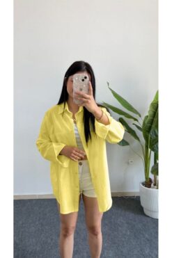 Shiron Sportswear&Company Yeni Sezon Sarı Kadın Düşük Omuz Oversize Keten Cep Detaylı Gömlek