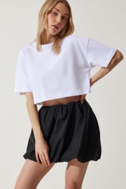 Happiness İstanbul Kadın Beyaz %100 Pamuk Oversize Crop Örme T-Shirt BP00164