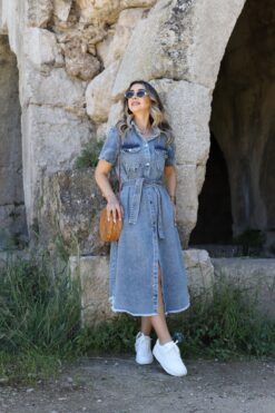 bytugcekaya Mavi Kısa Kollu Kemerli Cepli Jean Elbise
