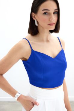 Sateen İp Askılı Saten Crop Bluz - SAX MAVİ