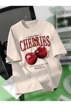 Revasser Unisex Erkek/Kadın CHERRIES Özel Baskılı Oversize Pamuklu Bisiklet Yaka T-Shirt