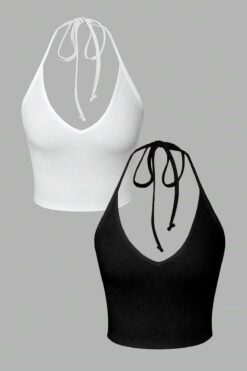 Liona 2 Li Paket V Yaka Siyah Beyaz Renk Desensiz Fitilli Kolsuz Boyun Askılı Likralı Fit Crop Top Bluz