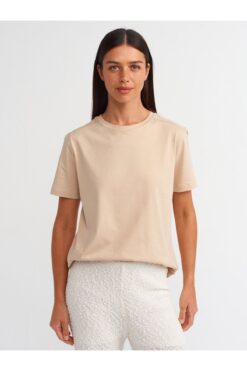 Dilvin 30740 Bisiklet Yaka Pamuklu T-shirt-açık Bej