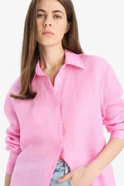 DeFacto %100 Keten Oversize Geniş Kalıp Basic Düz Pembe Uzun Kollu Gömlek Z6638az25sp