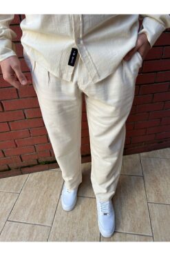 BY İMPALA MODA Bol Kesim Baggy Kalıp Düğmeli Keten Kumaş Pantolon
