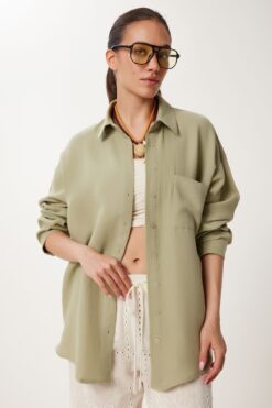 Lovelyİstanbul Oversize Basic Müslin Gömlek AÇIK HAKİ LMX0002